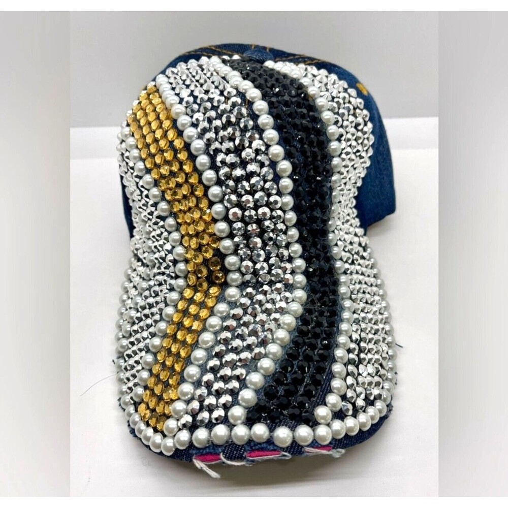 New Stone & Pearl Denim Blue Cap. Adjustable Gold White Black Glitzy BoHo